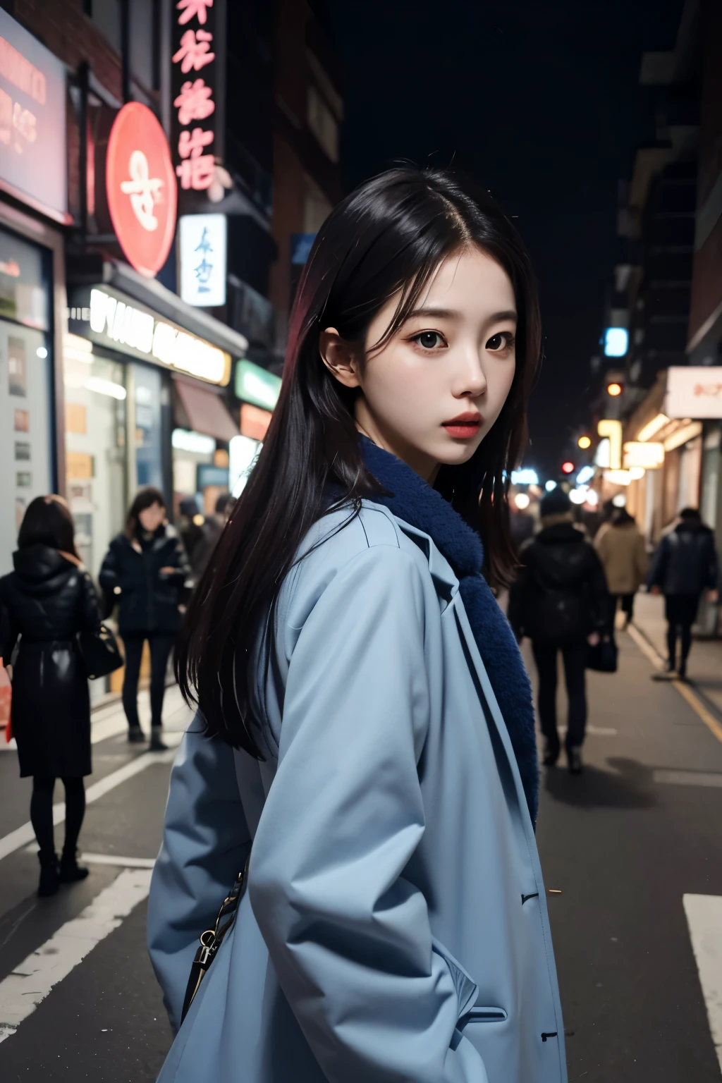 A woman in a blue coat is walking down the street, 1 Korean beauty, different actions, clothes:random color,