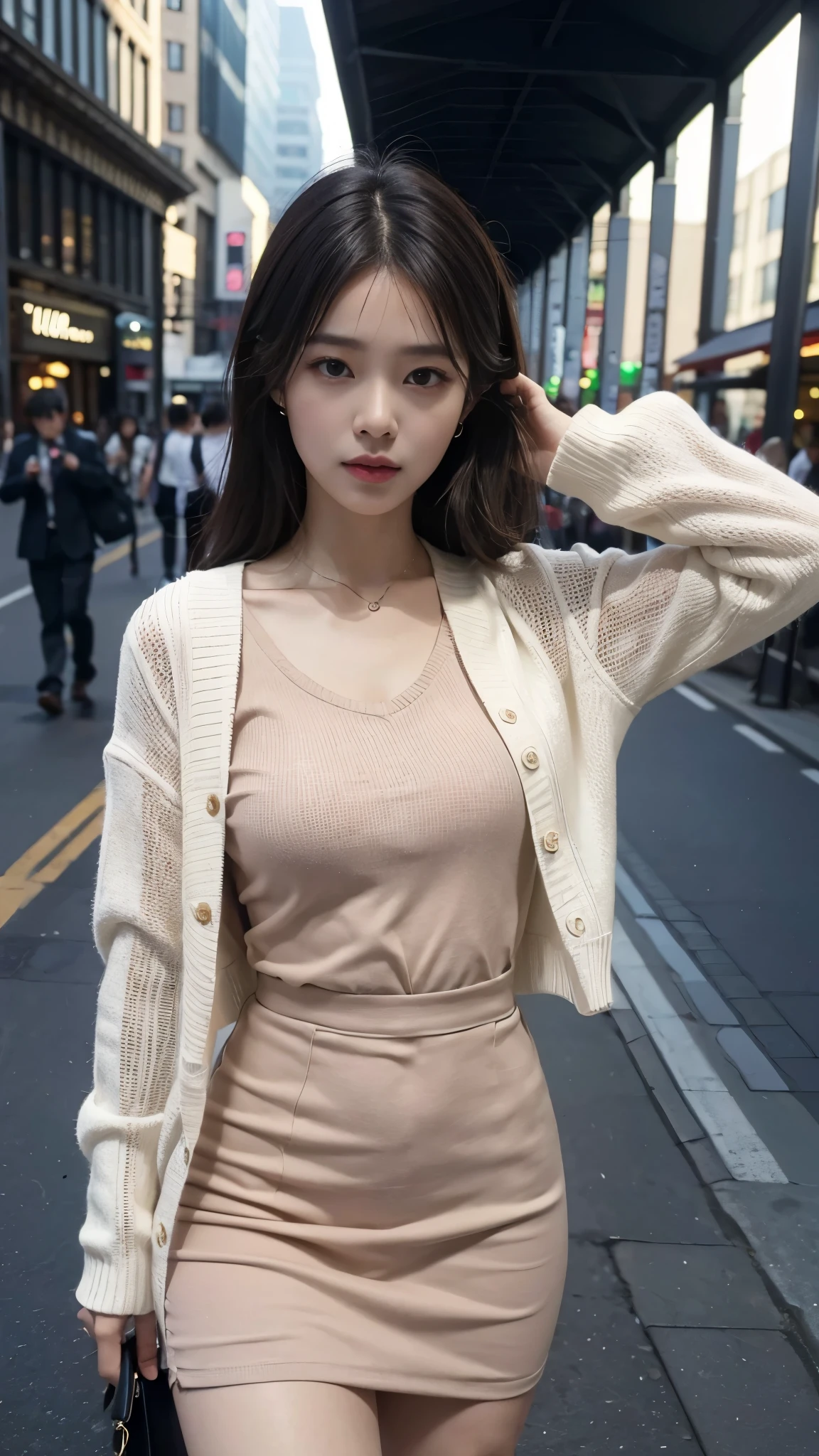 table top, highest quality, One girl, (a beauty girl, half up hair,From the side、from below、overlook、cute:1.3), (:1.3), extremely fine-grained clarity, (symmetrical eyes:1.3), NSFW, (standing:1.2), (a beauty girl:1.3), bust、 brown eyes, parted bangs, black hair, girl、whole bodyが見える、Esbian、(Slender)、(whole body:1.5)、(high ponytail、stick out tongue)、(RAW photo:1.4)、(Photoreal:1.3)、(masterpiece)、highest quality、highest quality、Highly detailed CG Unity 8K wallpaper、detailed and complex、original、High resolution、
\\
1girl in、solo、medium breasts、(eye.2)、(blush:0.5)、Barrette、look at the audience、NSFW、
\\
(Knitwear with open chest、Mini Knit Blouse、Light yellow see-through knit dress、frills、not wearing underwear、Black sheer stockings、cuteイヤリング:1.5)
\\
Elegant bedroom background、Depth of the bounds written、realistic:1.3、(ambient light:1)、(Kamimei:1.3)、(nffsw:1)、(studio lighting、(pantyhose、Upskirt:1.2)、( body)