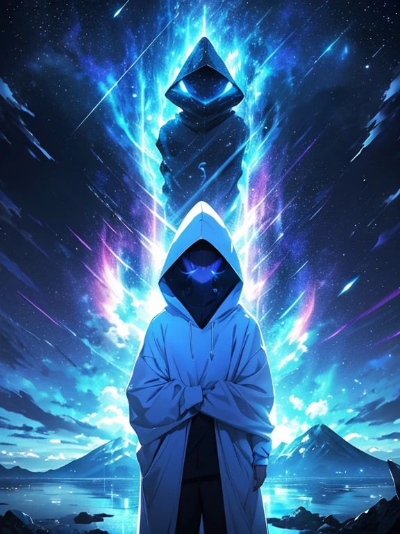 1 boy, clouds mountain background, wearing white oversize hoodie, angel, no face, high resolution, 4k, 8k, UHD, aura, purple aura coming out of hands, standing in middle of sparkling clouds, facing away, wind blowing fast