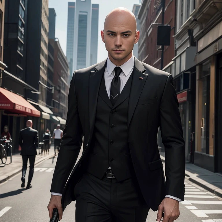 A bald, 25-year-old man wearing a red suit and tie walked down the street. Action in various poses, holding a realistic shotgun.;) Outdoors in the city, the sunlight shone brightly, a clear face looking intently straight. Holding a realistic shotgun, man in black, wearing a black suitและสีแดง, Wear a business suitที่เข้มงวด, wearing a black suit, Wear a business suit, wearing a black suit, Wear a business suit, Wear a business suitสีดำ, in strict clothing, Professional photos with good lighting, Handsome Chad Chin, A great and beautiful portrait. Shot with a high quality Fuji 45 camera.,000,000 hyper realistic chili cells