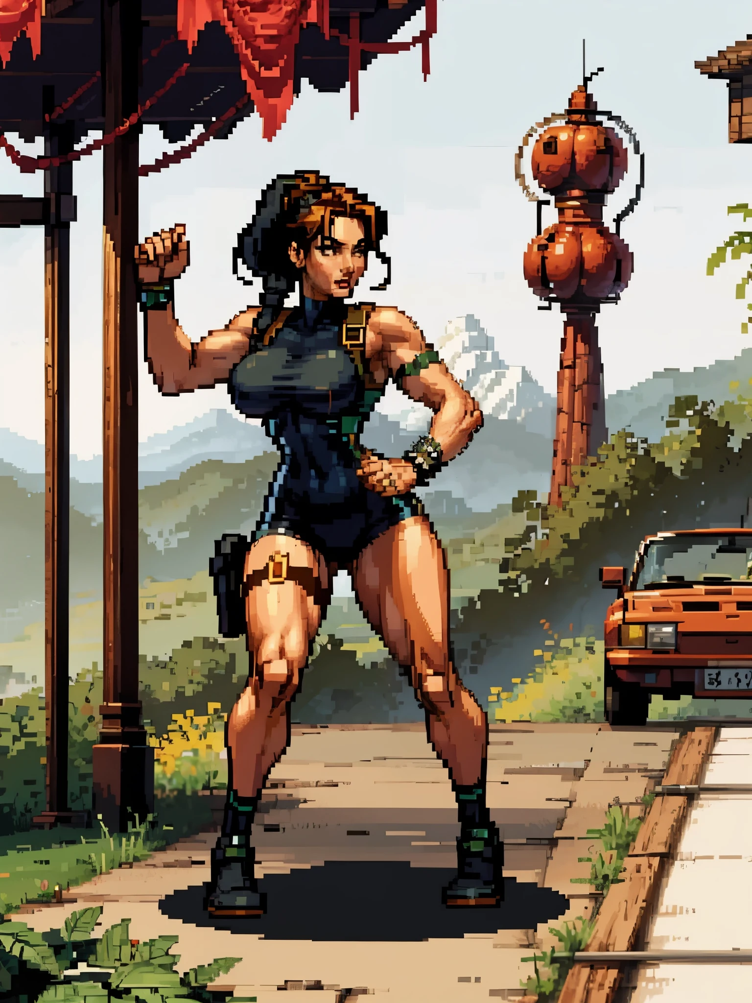 Pixel style, lara croft with hourglass body, running in a jungle, best quality, highly detailed, masterpiece, intricate details