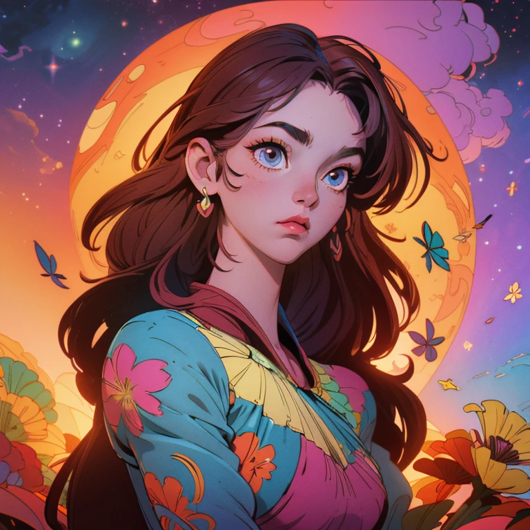 cinematic lighting, wide shot, high details, masterpiece, super detailed, lots of mushrooms and flowers, very colorfull, strong colours, flower power, chaotic, asymetrical, prominent sky of large planets and stars, in the center all the elements form a skull, eyes and limbs out of mushrooms and flowers are floating around, capture the feeling of being a psychonaut, psychedelic feeling