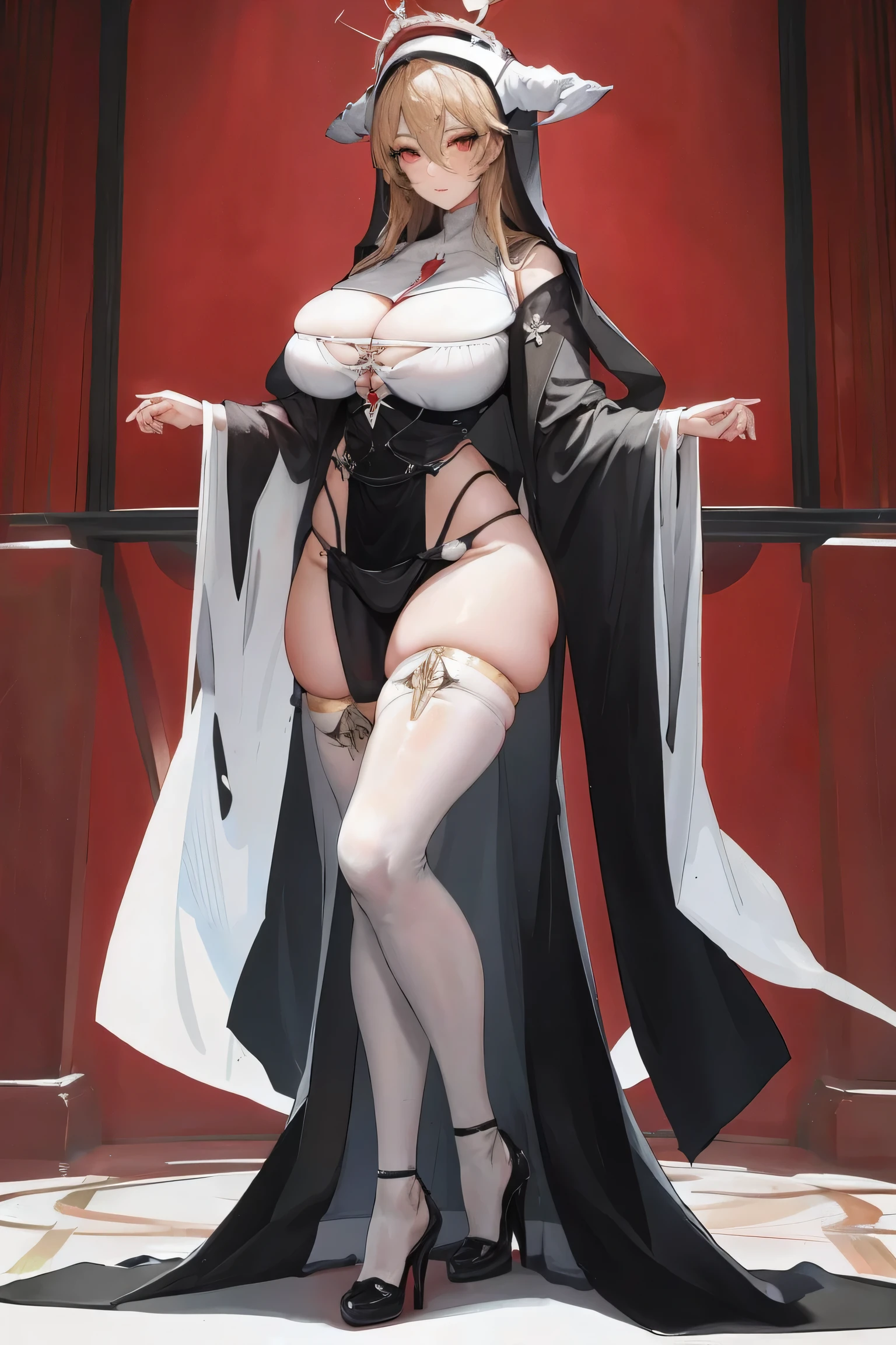 A woman,sexy,full breasts,blonde,red eyes,nun headdress,black high heels,white silk,huge breasts,standing,legs spread