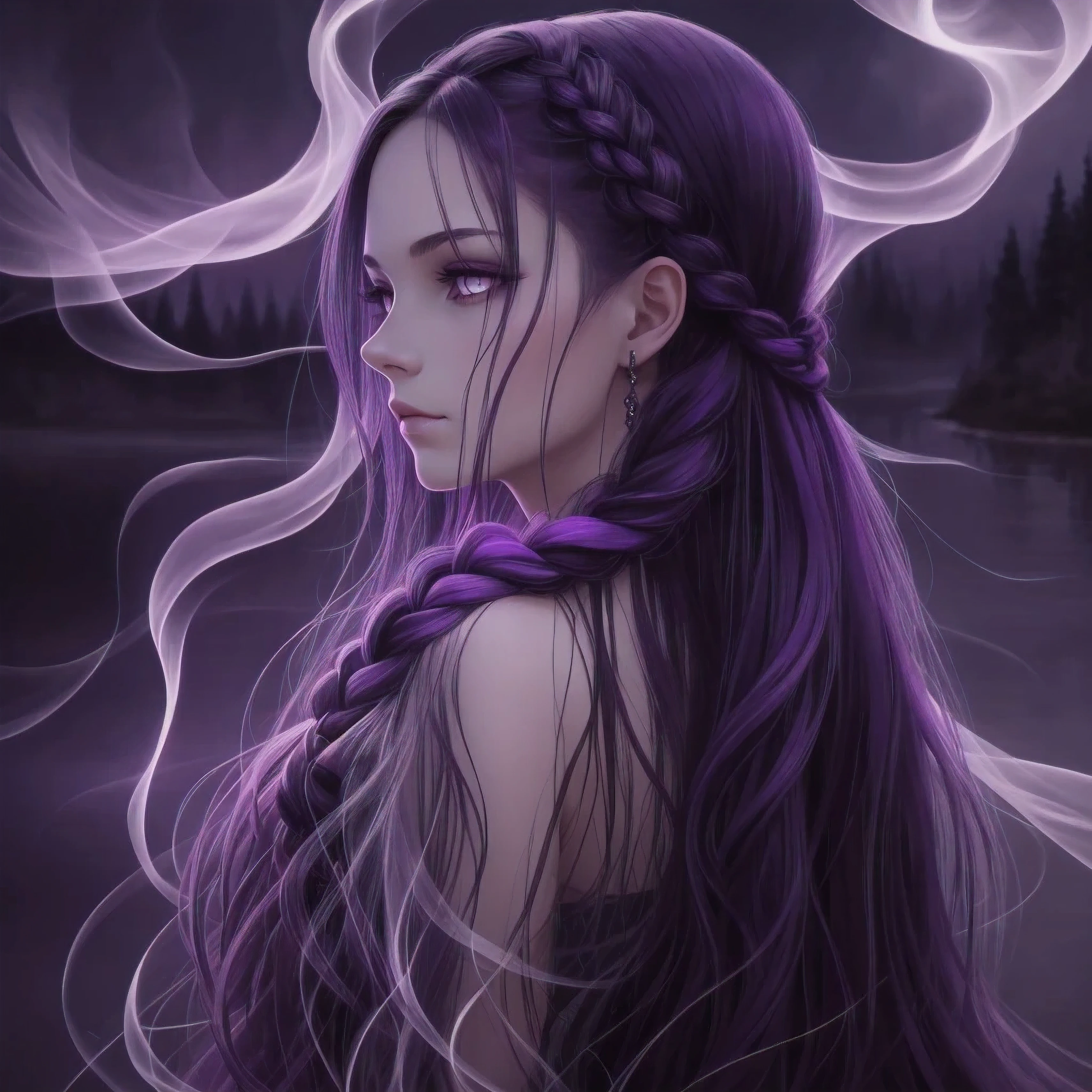 dark, unholy, evil, astral, creepy style, mystical, nice perfect face with soft skin, young woman portrait next to a lake, smoke, mist, night, long white braided hair, from behind, purple eyes glow