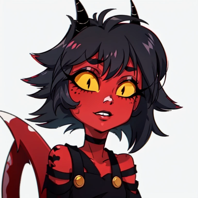 red skin, yellow sclera, black short hair, horns, black croptop, tail, elf ears, 1girl, millie, demon girl, black ripped jeans