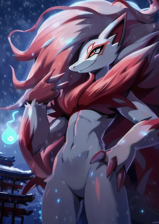 ([by Ajin, by Wlop:by Jillian Tamaki, by Tomer Hanuka, by Tracey Emin, by Yoji Shinkawa:0.35]),
solo (((hisuian zoroark), slim, blue eyes)), (nude, flat chested, featureless crotch:1.2),
(front view, rub hands, looking at viewer, half-length portrait, low-angle view,:1.3),
BREAK,
(japanese ghost festival, night, temple, will-o'-the-wisp:1.3), (snow, mist, fog, glowing light),
(detailed background, depth of field, shadow, sunlight, ambient light on the body, backlighting),
masterpiece, best quality, 4k, 2k, (intricate:0.9), (high detail, unreal engine:1.25), absurd res