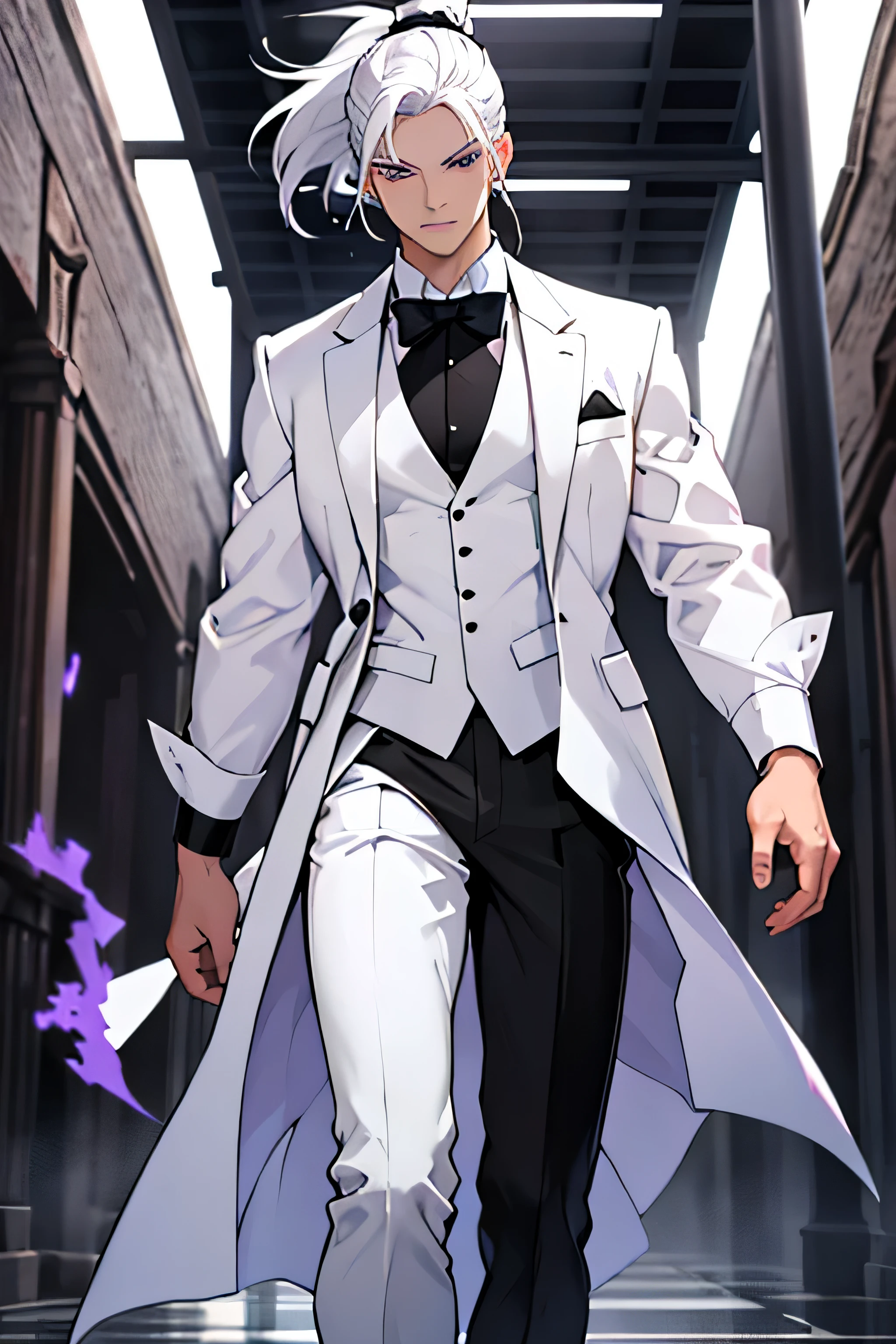 Beautiful man, strong physique, white dress blouse, long black pants, white dress shoes, white hair in ponytail, purple colored eyes, slender appearance, elegant, light blue bow tie, menacing look, ancient kingdom.