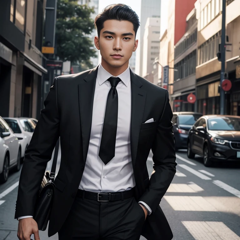Araaf, 25 years old, bald, wearing a suit. Bright colors, very fashionable. Wearing a red tie walking down the street Action in various poses;) Outdoors in the city, the sunlight shone brightly, a clear face looking intently straight. Holding a realistic shotgun, man in black, wearing a black suitและสีแดง, Wear a business suitที่เข้มงวด, wearing a black suit, Wear a business suit, wearing a black suit, Wear a business suit, Wear a business suitสีดำ, in strict clothing, Professional photos with good lighting, Handsome Chad Chin, A great and beautiful portrait. Shot with a high quality Fuji 45 camera.,000,000 hyper realistic chili cells