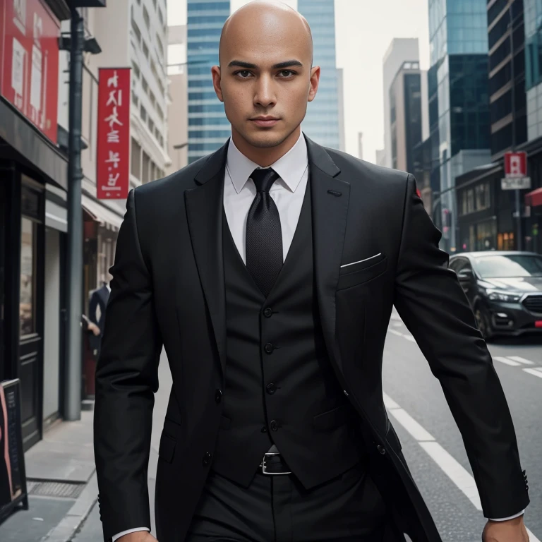 Araaf, 25 years old, bald, wearing a suit. Bright colors, very fashionable. Wearing a red tie walking down the street Action in various poses;) Outdoors in the city, the sunlight shone brightly, a clear face looking intently straight. Holding a realistic shotgun, man in black, wearing a black suitและสีแดง, Wear a business suitที่เข้มงวด, wearing a black suit, Wear a business suit, wearing a black suit, Wear a business suit, Wear a business suitสีดำ, in strict clothing, Professional photos with good lighting, Handsome Chad Chin, A great and beautiful portrait. Shot with a high quality Fuji 45 camera.,000,000 hyper realistic chili cells