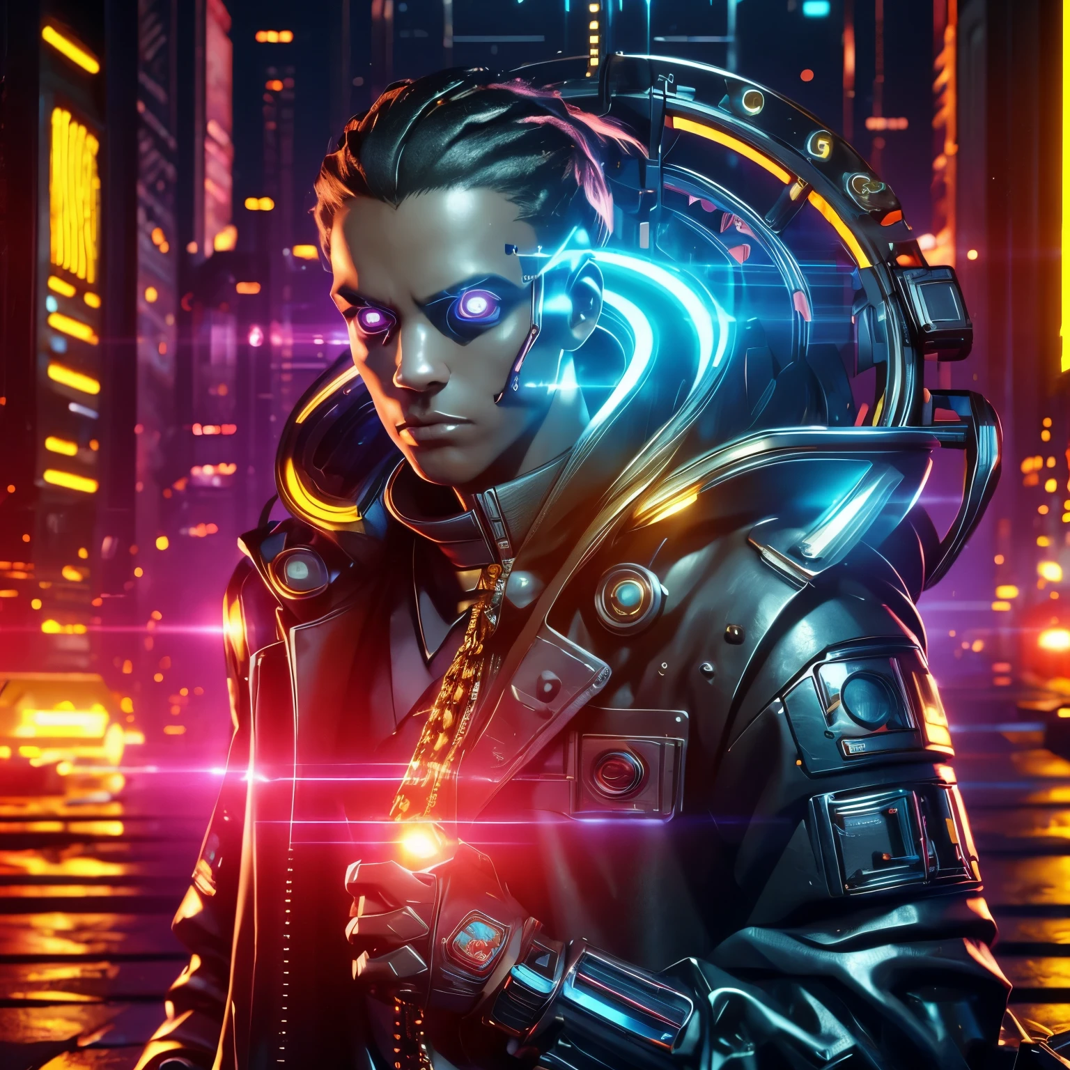 Machine, Cyberpunk, Black Leather Coat, Gold Chain, Skull Head, High-Beam Eyes, high-res portrait, Full Body, fantasy, vibrant colors, soft lighting, 3D, HDR, Very Detailed, HD, 8K genuine, Masterpiece, Background, Cyberpunk City, RTX