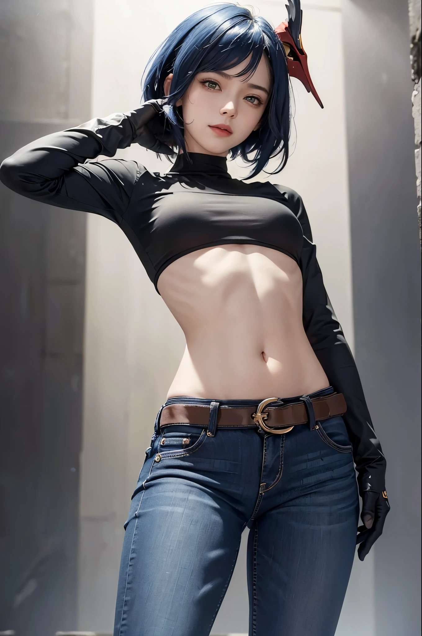 (long sleeved top, long skinny jeans, iron belt), ((midriff, navel)), smile, looking at viewer, plain background, standing, (cinematic lighting, best quality, masterpiece, high details, best quality, highres, HD, 4K, 8k, super detail), best quality, masterpiece, (kujou sara:1.3 mask on head, blue hair, short hair, yellow eyes, gloves)