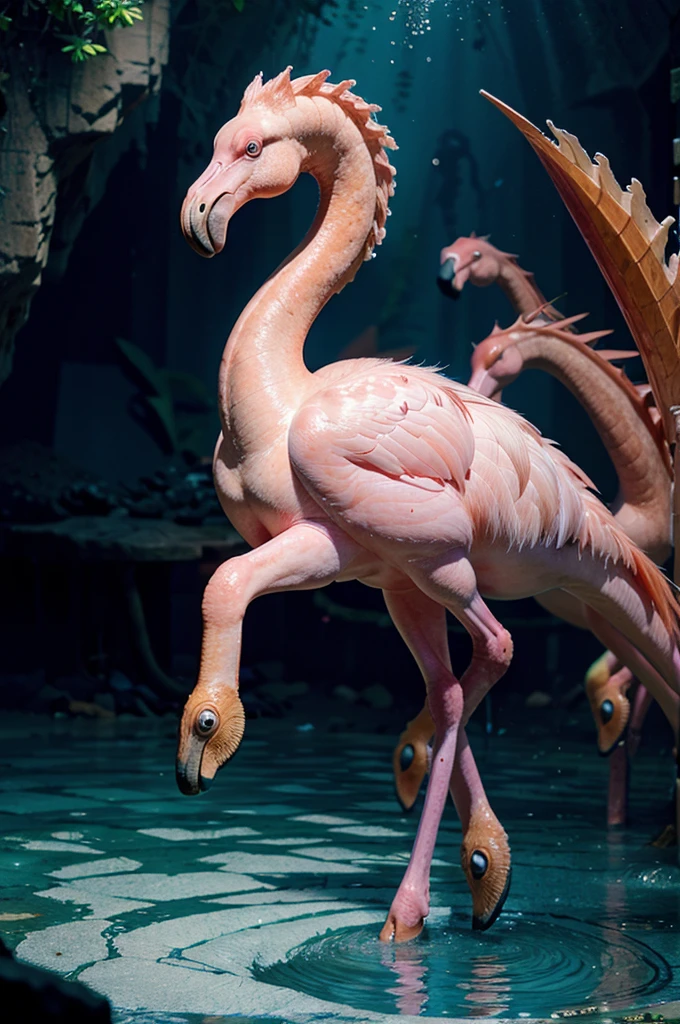 A magical creature that is a mix of a flamingo and a seahorse