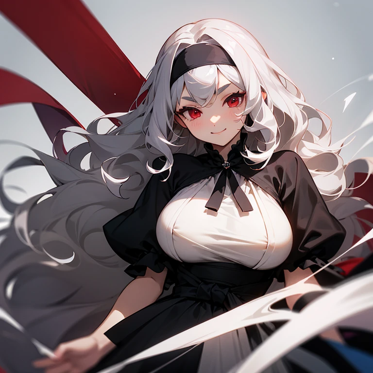 Beauty、silver hair、droopy eyebrows、Slightly sloppy、red eyes、smile、Long hair down to the waist、Western girl、dress、big breasts、Black headband、Patsun bangs、Loosely wavy hair