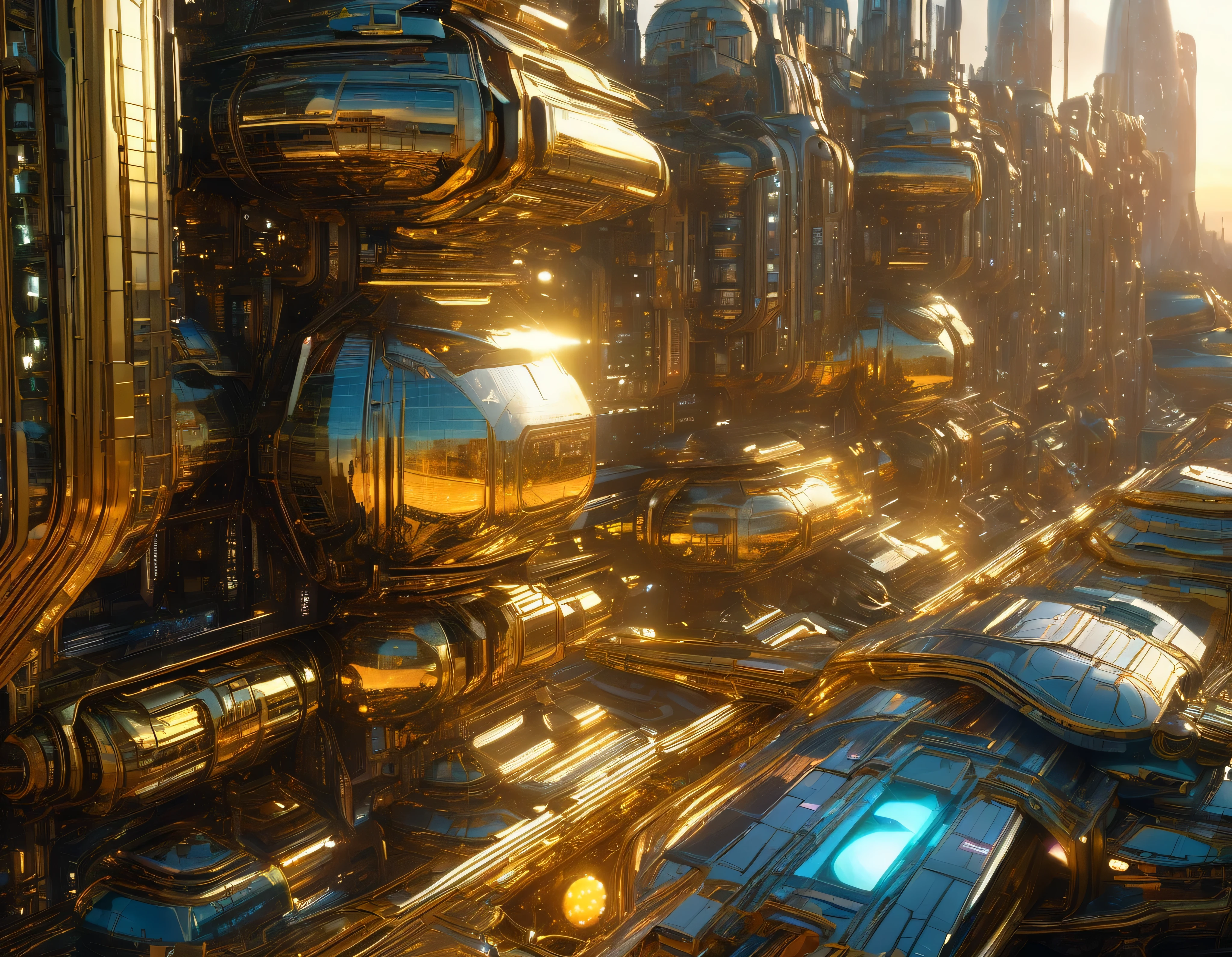 (golden hour lighting), megacity, megalopolis of an imaginary world of science fiction , parecido a una disneylandia futurista, and maximum fantasy, con inmensos edificios y rascacielos ovalados y dodecaedricos agrupados de metal y cristal donde predomina el diamante y los anuncios luminosos de colores. imagen bien definida 8k, (intrincados detalles de la maquina), con muchos edificios juntos.(obra maestra de superior calidad).(imagen fotorrealista), nitidez absoluta hasta el fondo