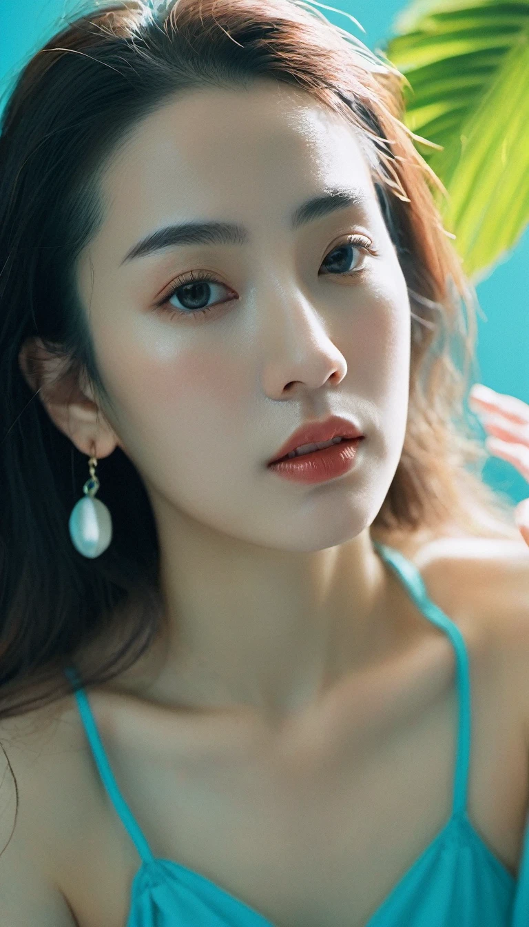 xxmixgirl, (masterpiece:1.0), (highest quality:1.12), (HDR:1.0), a girl with long hair looking at viewer, with a teal background and a indigo sky, constant, vaporwave colors, a character portrait, synchronization, detailed, realistic, 8k uhd, high quality, gaze looking beyond,red blush,Strong sunshine,delicate and messy hair,realistic skin textures, Pronounced pores and skin wrinkles,tropical rainforest,((strong light shines on the face)), The upper part of the body, naked portrait, nude photography, detailed armpit, pussy pubic hair, shiny nipple