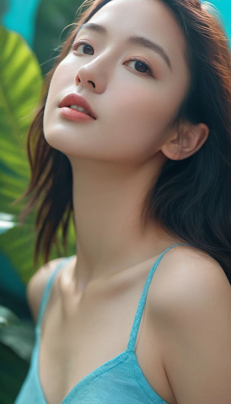 xxmixgirl, (masterpiece:1.0), (highest quality:1.12), (HDR:1.0), a girl with long hair looking at viewer, with a teal background and a indigo sky, constant, vaporwave colors, a character portrait, synchronization, detailed, realistic, 8k uhd, high quality, gaze looking beyond,red blush,Strong sunshine,delicate and messy hair,realistic skin textures, Pronounced pores and skin wrinkles,tropical rainforest,((strong light shines on the face)), The upper part of the body, naked portrait, nude photography, detailed armpit, pussy pubic hair, shiny nipple