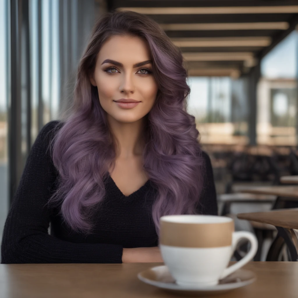 Beautiful girl with purple hair, who is wearing a beige sweater (auf einer Park Bank Kaffee trinkt), Full body, sehr detailiert, 22 Jahre alt, Gesicht unschuldig, natural wavy hair, yeux bleus, high resolution, Meisterwerk, Best quality, Komplizierte hohe Detailgenauigkeit, sehr detailliert, scharfer Fokus, detaillierte Haut, realistic skin Textur, Textur, Detaillierte Augen, Fachmann, 4K, charming smile, gefilmt mit Canon, 85 mm, faible profondeur de champ, Couleur Kodak Vision, perfectly fitting body, extremely detailed, Fotografier_\(Ultra\), fotorealistisch, Realstic, Nachbehandlung, Maximale Details, Rauheit, wahres Leben, Ultra realist, Fotorealismus, Fotografie, 8K UHD, Fotografie