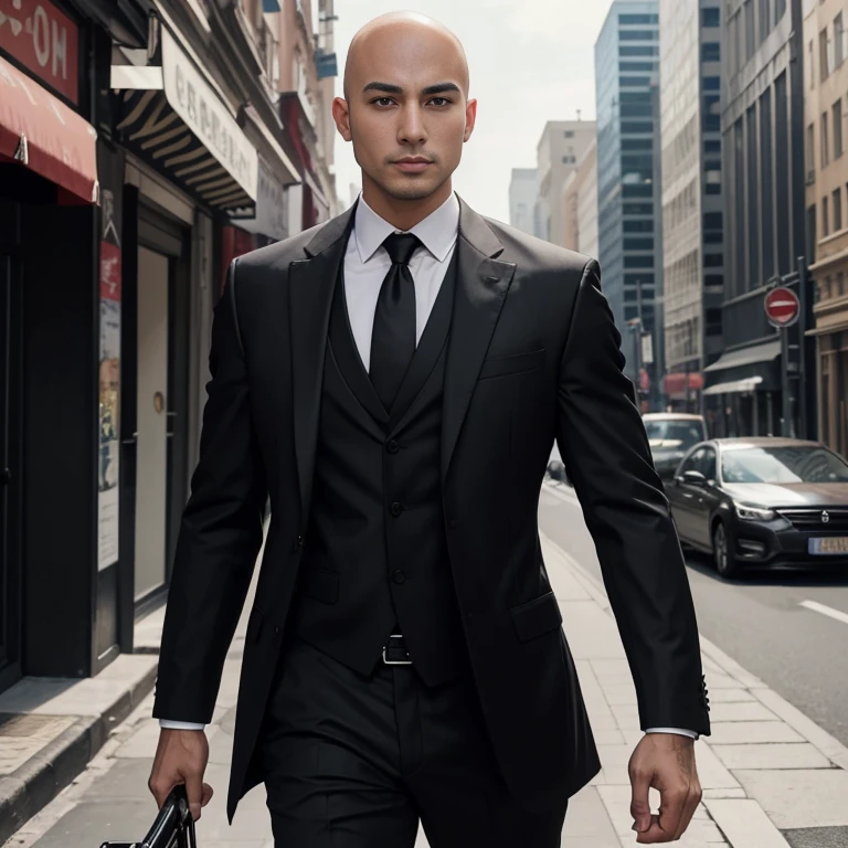 Araaf, 25 years old, bald, wearing a suit. Bright colors, very fashionable. Wearing a red tie walking down the street Action in various poses;) Outdoors in the city, the sunlight shone brightly, a clear face looking intently straight. Holding a realistic shotgun, man in black, wearing a black suitและสีแดง, Wear a business suitที่เข้มงวด, wearing a black suit, Wear a business suit, wearing a black suit, Wear a business suit, Wear a business suitสีดำ, in strict clothing, Professional photos with good lighting, Handsome Chad Chin, A great and beautiful portrait. Shot with a high quality Fuji 45 camera.,000,000 hyper realistic chili cells