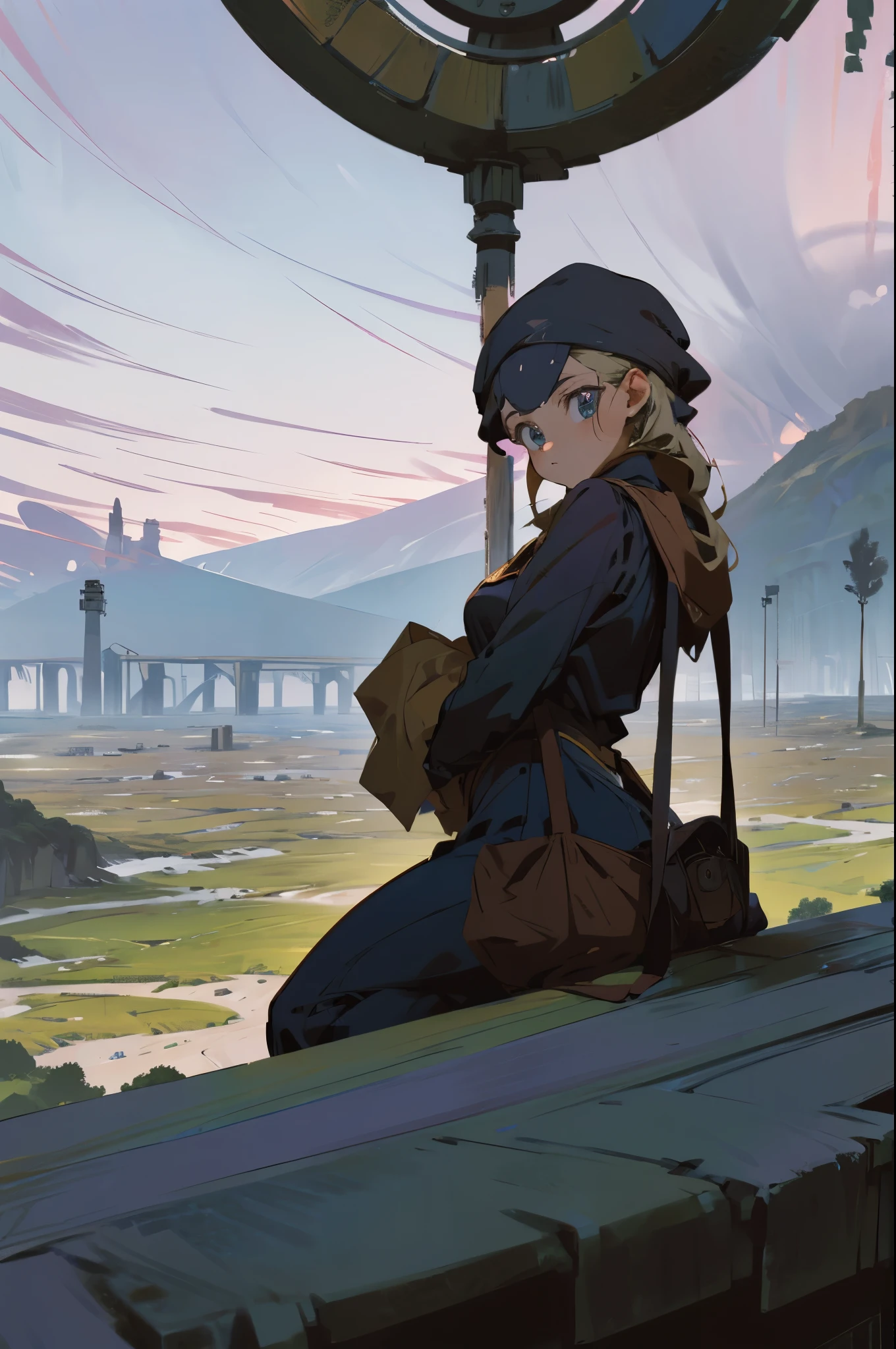 anime art style, usando una capucha negra, de pie en la parte superior de un techo,De vuelta mirando hacia el espectador, lloviendo,nublado,nubes oscuras, arenoso,niebla,Pueblo brumoso