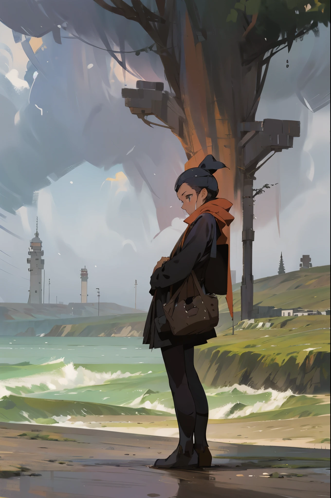 anime art style, usando una capucha negra, de pie en la parte superior de un techo,De vuelta mirando hacia el espectador, lloviendo,nublado,nubes oscuras, arenoso,niebla,Pueblo brumoso