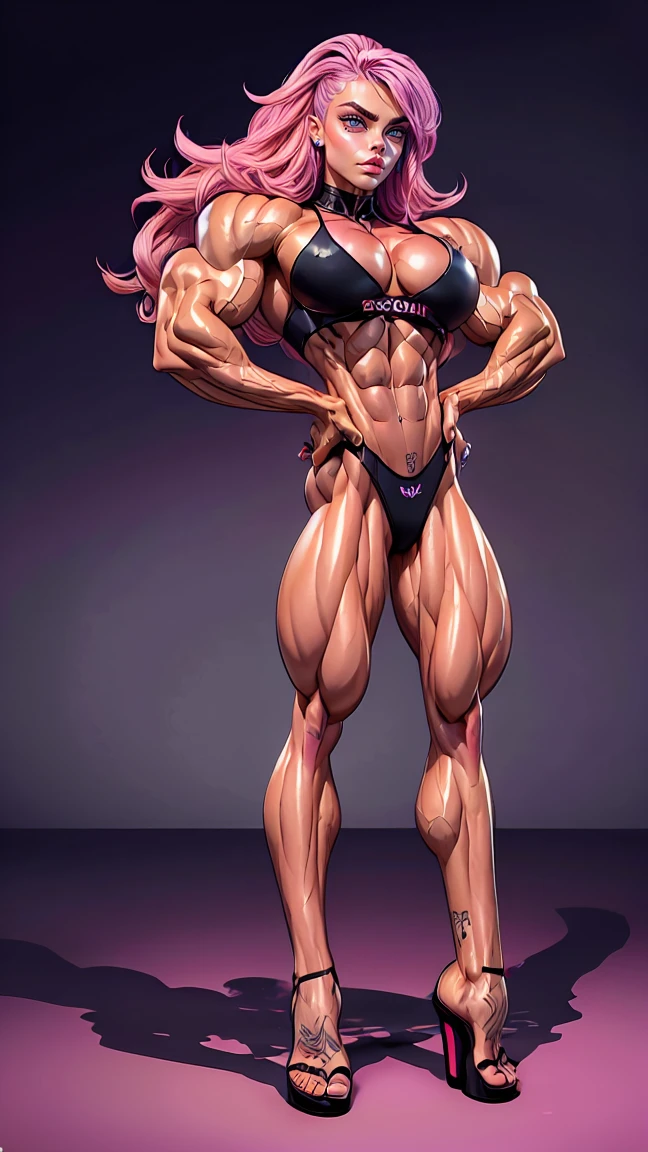 (1 girl:1.25), (cara delevingne:1.25), young girl, masculine physique, seductive face, seductive look, long pink hair, perfect muscular body, super skinny legs, naked, sissy, femboy, (huge muscular arms:1.25),