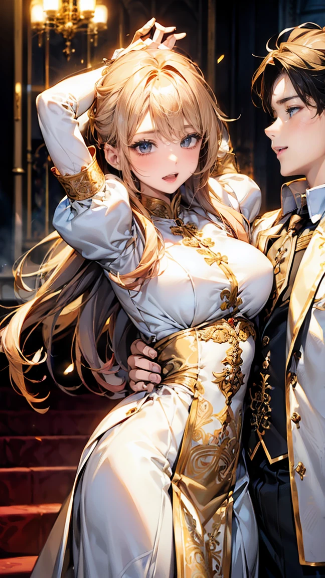 {{Upper Body, Dutch Angle}} {{Artist: moisture_(Chichi)}} 1 female, There are two guards on either side restraining her., Two men in armour, Mature Woman, elegant, Princess, Medium chest, Straight hair, Blonde, Long Hair, Hime cut, Green Eyes,Transparent swimsuit、Gold border, tiara, View your viewers, Pouting, He was held captive by two men., Faceless Man, Outdoor, garden, palace, cloudy, moonlight, window.
