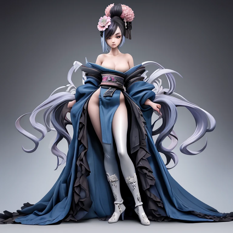 Un Skin de jeu vidéo personnalisé avec de longs cheveux noirs, attachés en queue de cheval, des vêtements détaillés oversize et larges en Denim avec un style chic noir inspirés des kimonos des geisha. Elle porte un pantalon en jean avec des découpes inspirées de l’éventail, Bottes de plate-forme, a very long kimono with slits on the sides, des manches tres larges dévoilant le décolleté , une ceinture corset en jean. Apparence d'arme d'powerful war fan fused with white lotus flower. futuristic and cyber-realistic style