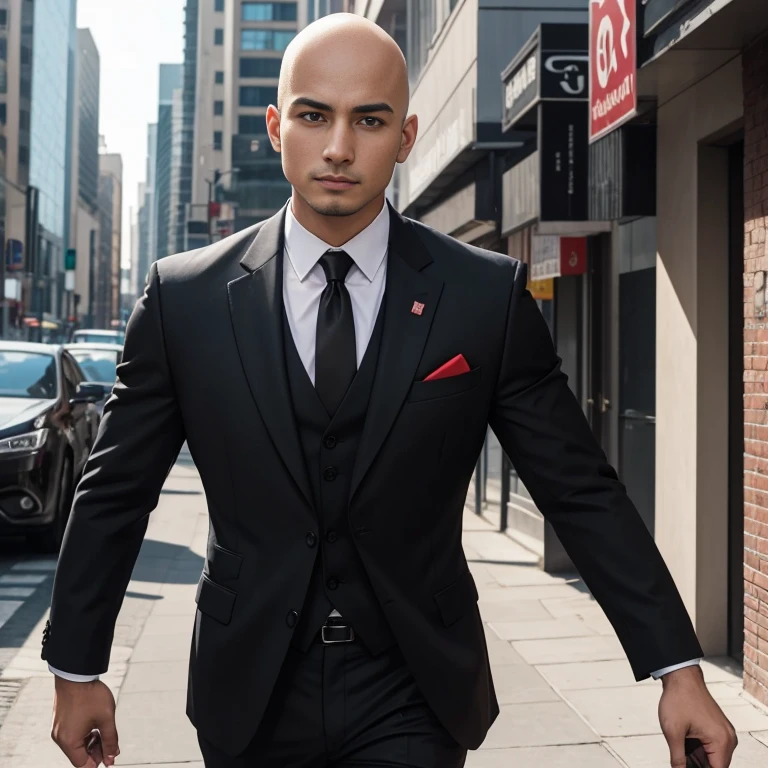 Araaf, 25 years old, bald, wearing a suit. Bright colors, very fashionable. Wearing a red tie walking down the street Action in various poses;) Outdoors in the city, the sunlight shone brightly, a clear face looking intently straight. Holding a realistic shotgun, man in black, wearing a black suitและสีแดง, Wear a business suitที่เข้มงวด, wearing a black suit, Wear a business suit, wearing a black suit, Wear a business suit, Wear a business suitสีดำ, in strict clothing, Professional photos with good lighting, Handsome Chad Chin, A great and beautiful portrait. Shot with a high quality Fuji 45 camera.,000,000 hyper realistic chili cells