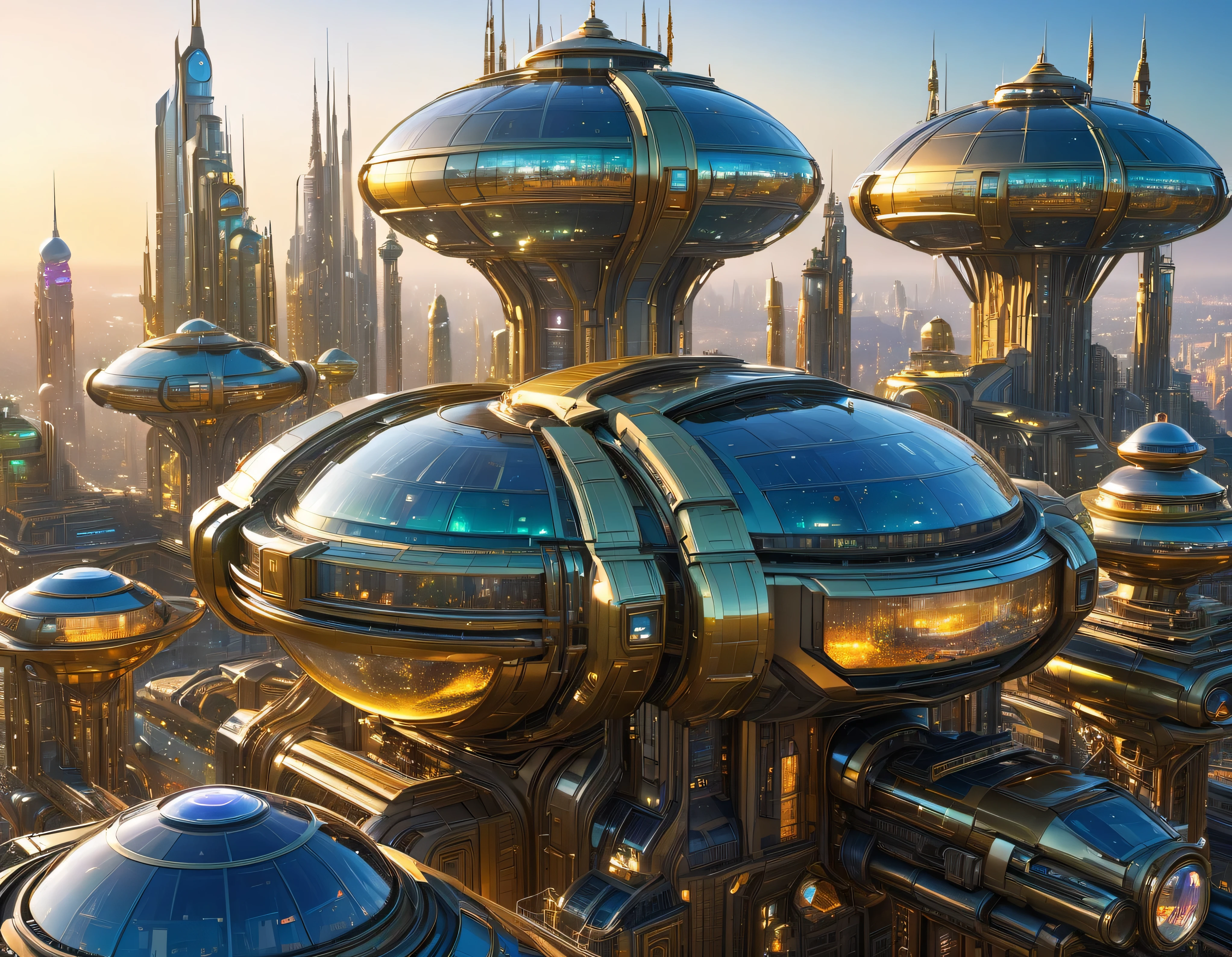 (golden hour lighting), megacity, megalopolis of an imaginary world of science fiction , parecido a una disneylandia futurista, and maximum fantasy, con inmensos edificios y rascacielos ovalados y dodecaedricos agrupados de metal y cristal donde predomina el diamante y los anuncios luminosos de colores. imagen bien definida 8k, (intrincados detalles de la maquina), con muchos edificios juntos.(obra maestra de superior calidad).(imagen fotorrealista), nitidez absoluta hasta el fondo
