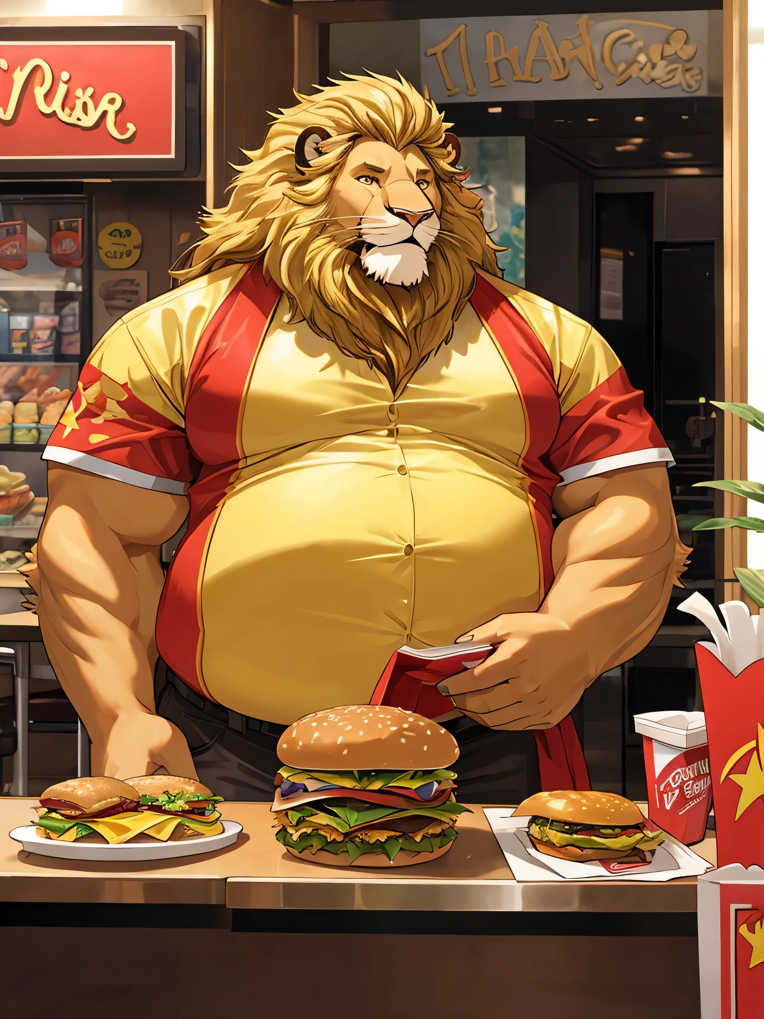 Lion, Male, big blonde mane, menton blond, not muscular, corp gros, gros ventre, obese, vêtements serrant et moulant, dans un fast food avec un hamburger