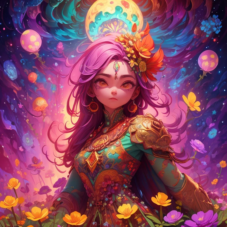 cinematic lighting, wide shot, high details, masterpiece, super detailed, lots of mushrooms and flowers, very colorfull, strong colours, flower power, chaotic, asymetrical, prominent sky of large planets and stars, in the center all the elements form a skull, eyes and limbs out of mushrooms and flowers are floating around, capture the feeling of being a psychonaut, feeling of psychedelic adventure, person melting in to surroundings combing with the elements into a stream of consciousness