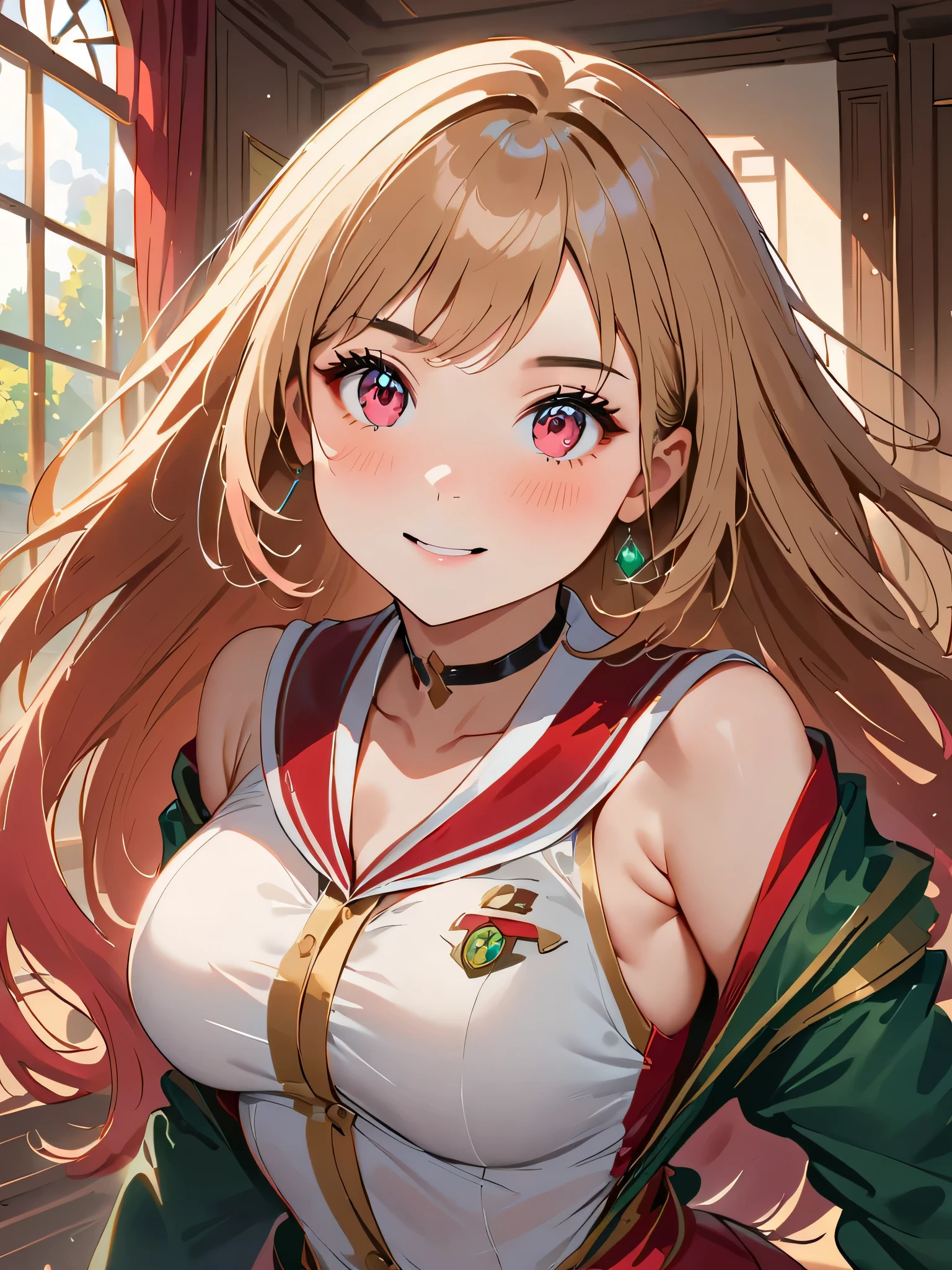 1 garota sozinha, colegial, sentada na mesa do professor, expression of joy, em uma sala de aula. Inspirado em Marin Kitagawa de Sono bisque dolls, long flowing hair, cabelo solto e detalhado, com roupas de colegial,com a barriga a mostra, corpo definido de academia, corpo fitness, iluminacao natural,(obra de arte, melhor qualidade:1.1), fotorealista, RAW, qualidade de camera profissional, Nikkon Camera, detalhes intrincados, 4K, anime realista, muito detalhado, very defined and clear image, imagem com profundidade de campo, iluminacao de cinema