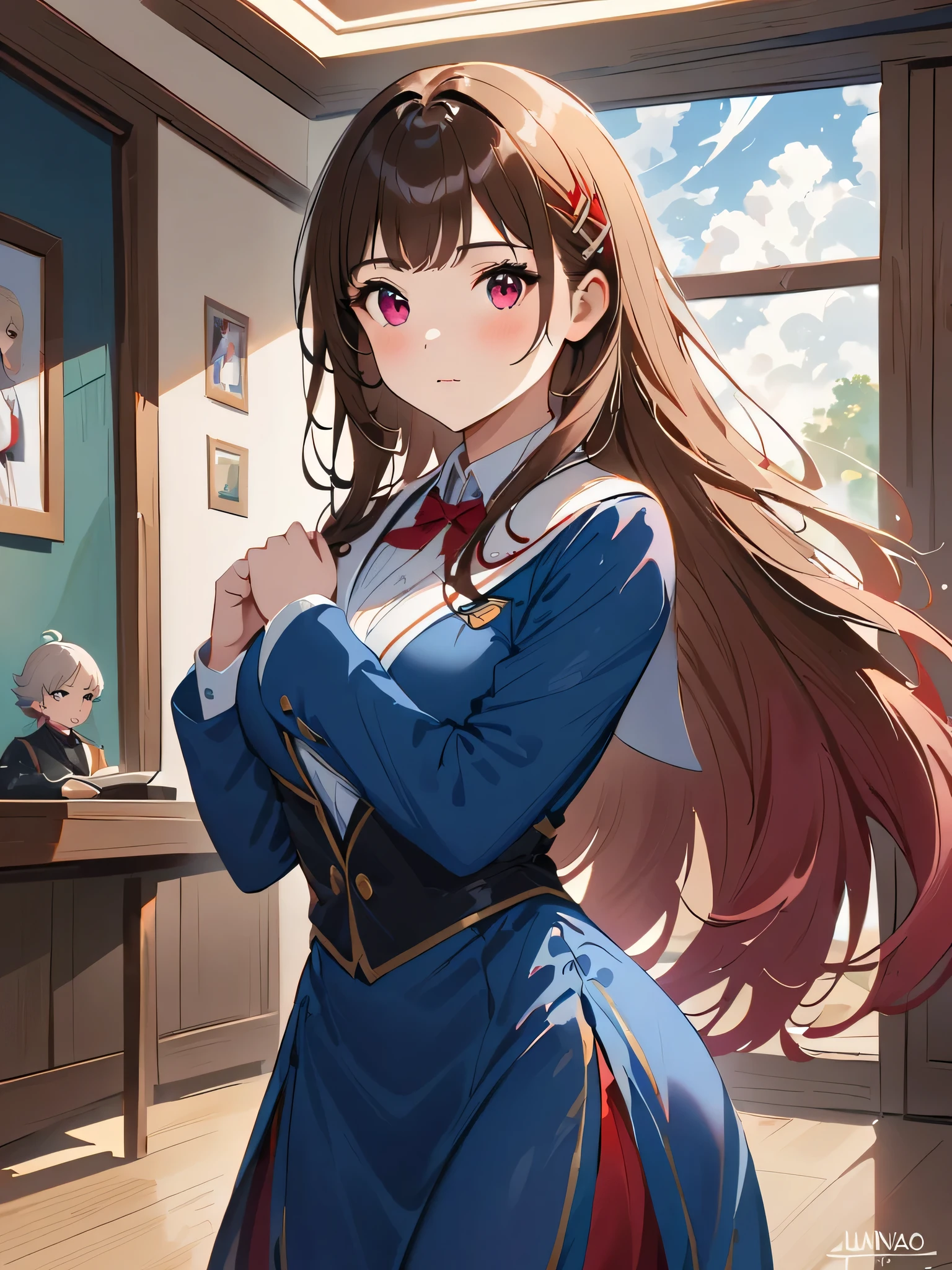 1 garota sozinha, colegial, sentada na mesa do professor, expression of joy, em uma sala de aula. Inspirado em Marin Kitagawa de Sono bisque dolls, long flowing hair, cabelo solto e detalhado, com roupas de colegial,com a barriga a mostra, corpo definido de academia, corpo fitness, iluminacao natural,(obra de arte, melhor qualidade:1.1), fotorealista, RAW, qualidade de camera profissional, Nikkon Camera, detalhes intrincados, 4K, anime realista, muito detalhado, very defined and clear image, imagem com profundidade de campo, iluminacao de cinema
