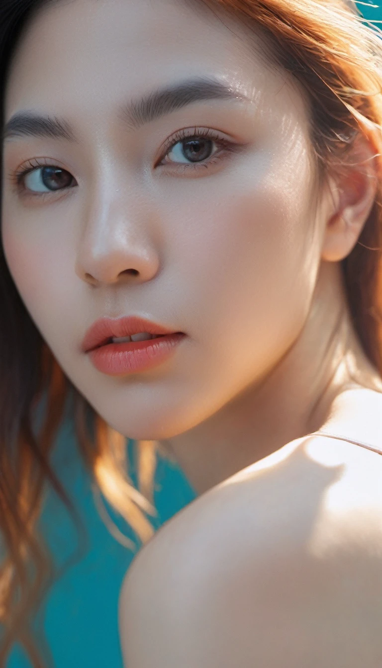 xxmixgirl, (masterpiece:1.0), (highest quality:1.12), (HDR:1.0), a girl with long hair looking at viewer, with a teal background and a indigo sky, constant, vaporwave colors, a character portrait, synchronization, detailed, realistic, 8k uhd, high quality, gaze looking beyond,red blush,Strong sunshine,delicate and messy hair,realistic skin textures, Pronounced pores and skin wrinkles,tropical rainforest,((strong light shines on the face)), The upper part of the body, naked portrait, nude photography, detailed armpit, pussy pubic hair, shiny nipple