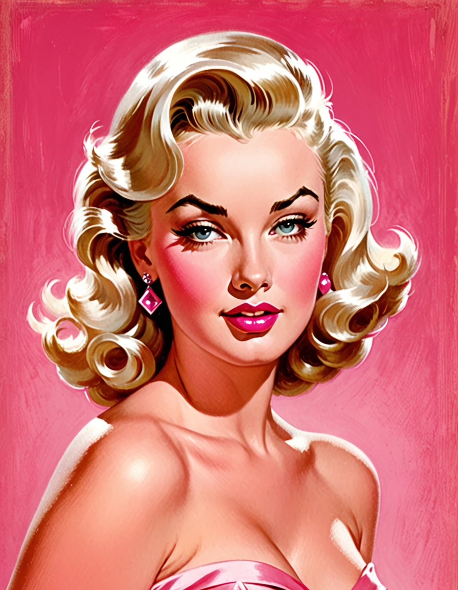 A vintage illustration of an attractive woman with platinum blonde hair, wearing pink in the style of Gil Elvgren and in the style of Frank Frazetta. Pink background. Soft lighting. High contrast.