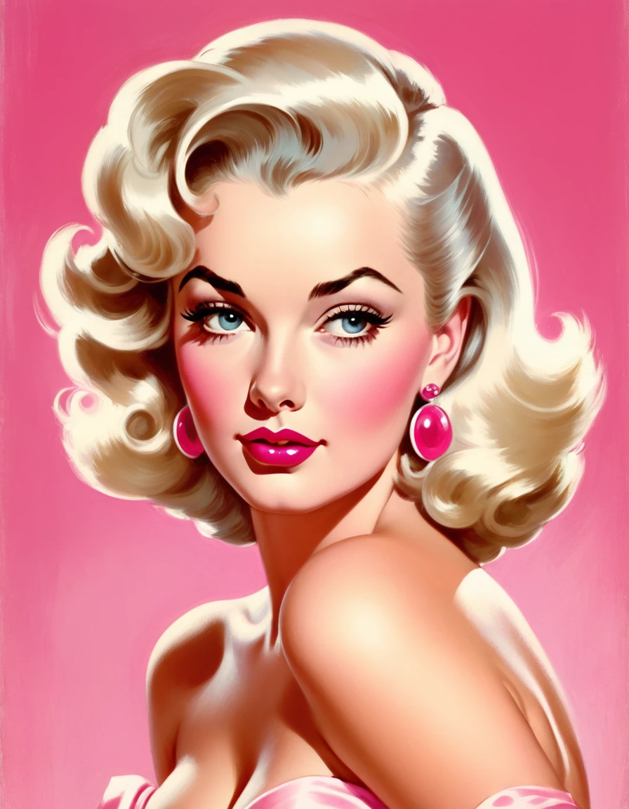 A vintage illustration of an attractive woman with platinum blonde hair, wearing pink in the style of Gil Elvgren and in the style of Frank Frazetta. Pink background. Soft lighting. High contrast.