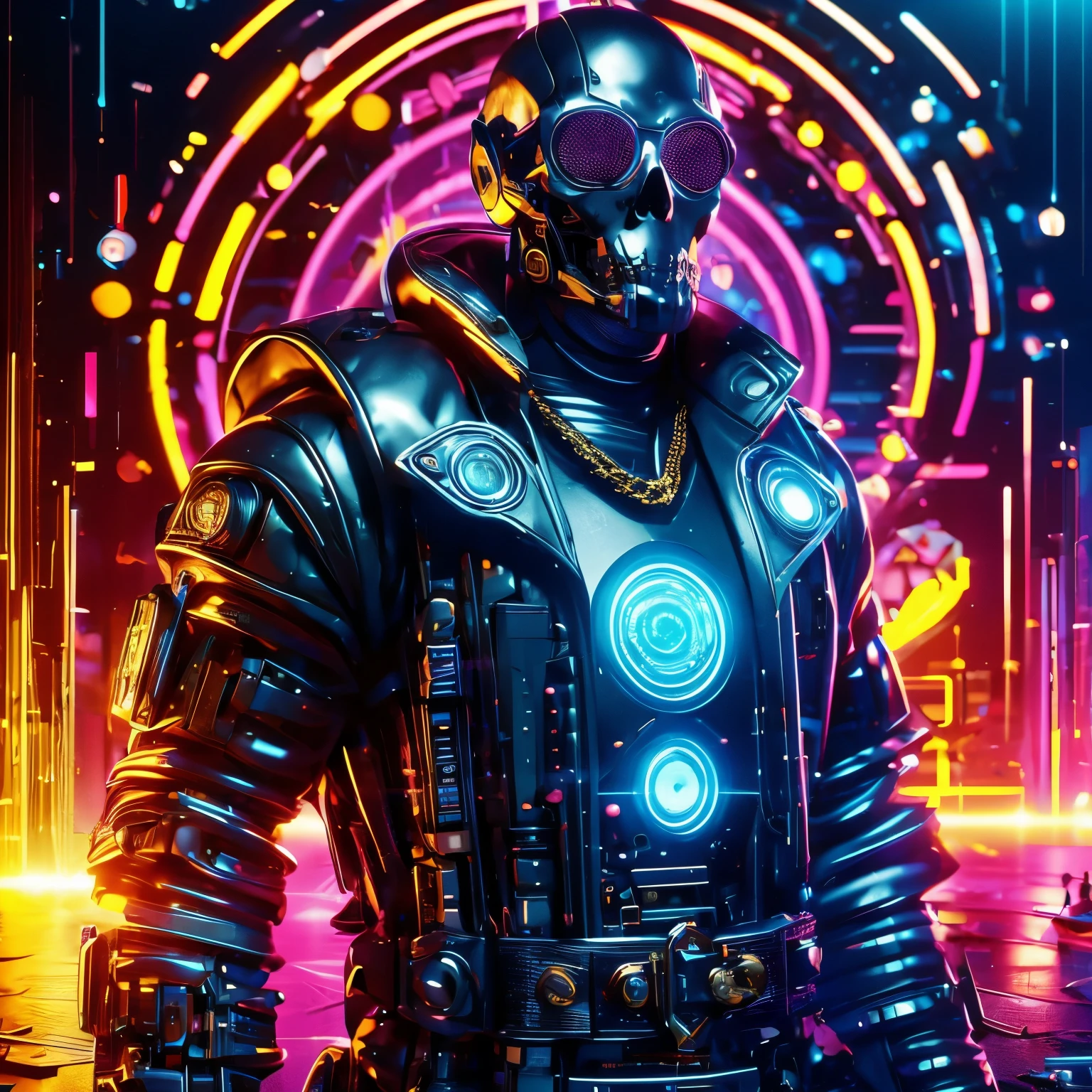 Machine, Cyberpunk, Black Leather Coat, Gold Chain, Skull Head, High-Beam Eyes, high-res portrait, Full Body, fantasy, vibrant colors, soft lighting, 3D, HDR, Very Detailed, HD, 8K genuine, Masterpiece, Background, Cyberpunk City, RTX