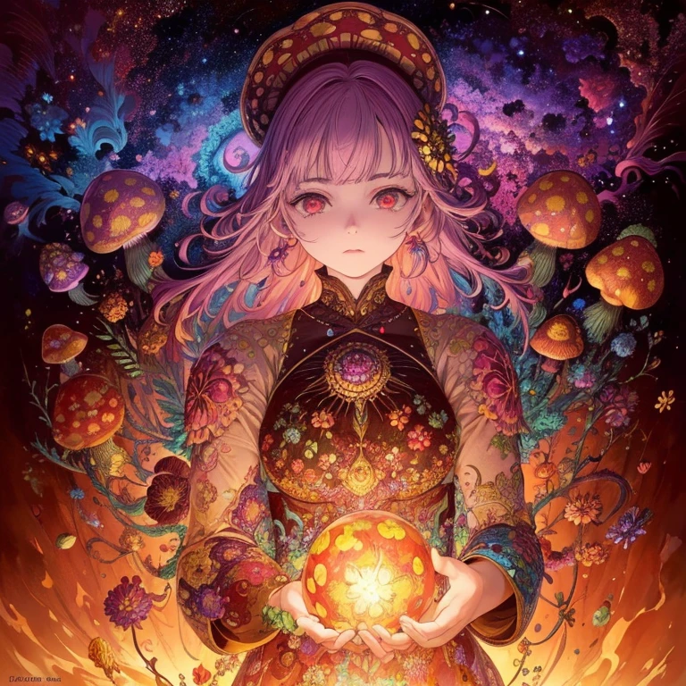 cinematic lighting, wide shot, high details, masterpiece, super detailed, lots of mushrooms and flowers, very colorfull, strong colours, flower power, chaotic, asymetrical, prominent sky of large planets and stars, in the center all the elements form a skull, eyes and limbs out of mushrooms and flowers are floating around, capture the feeling of being a psychonaut, feeling of psychedelic adventure, person melting in to surroundings combing with the elements into a stream of consciousness
