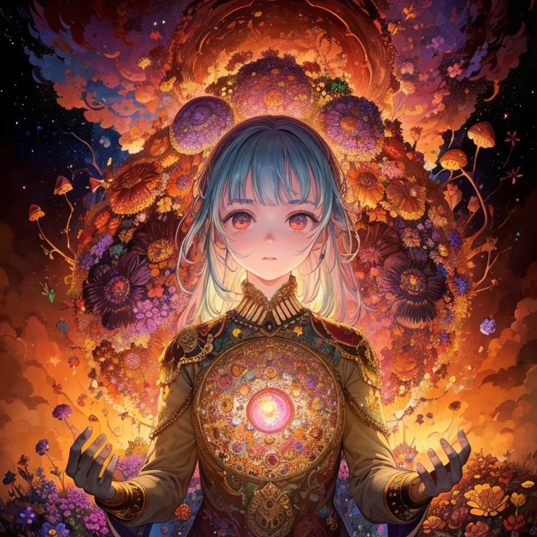 cinematic lighting, wide shot, high details, masterpiece, super detailed, lots of mushrooms and flowers, very colorfull, strong colours, flower power, chaotic, asymetrical, prominent sky of large planets and stars, in the center all the elements form a skull, eyes and limbs out of mushrooms and flowers are floating around, capture the feeling of being a psychonaut, feeling of psychedelic adventure, person melting in to surroundings combing with the elements into a stream of consciousness