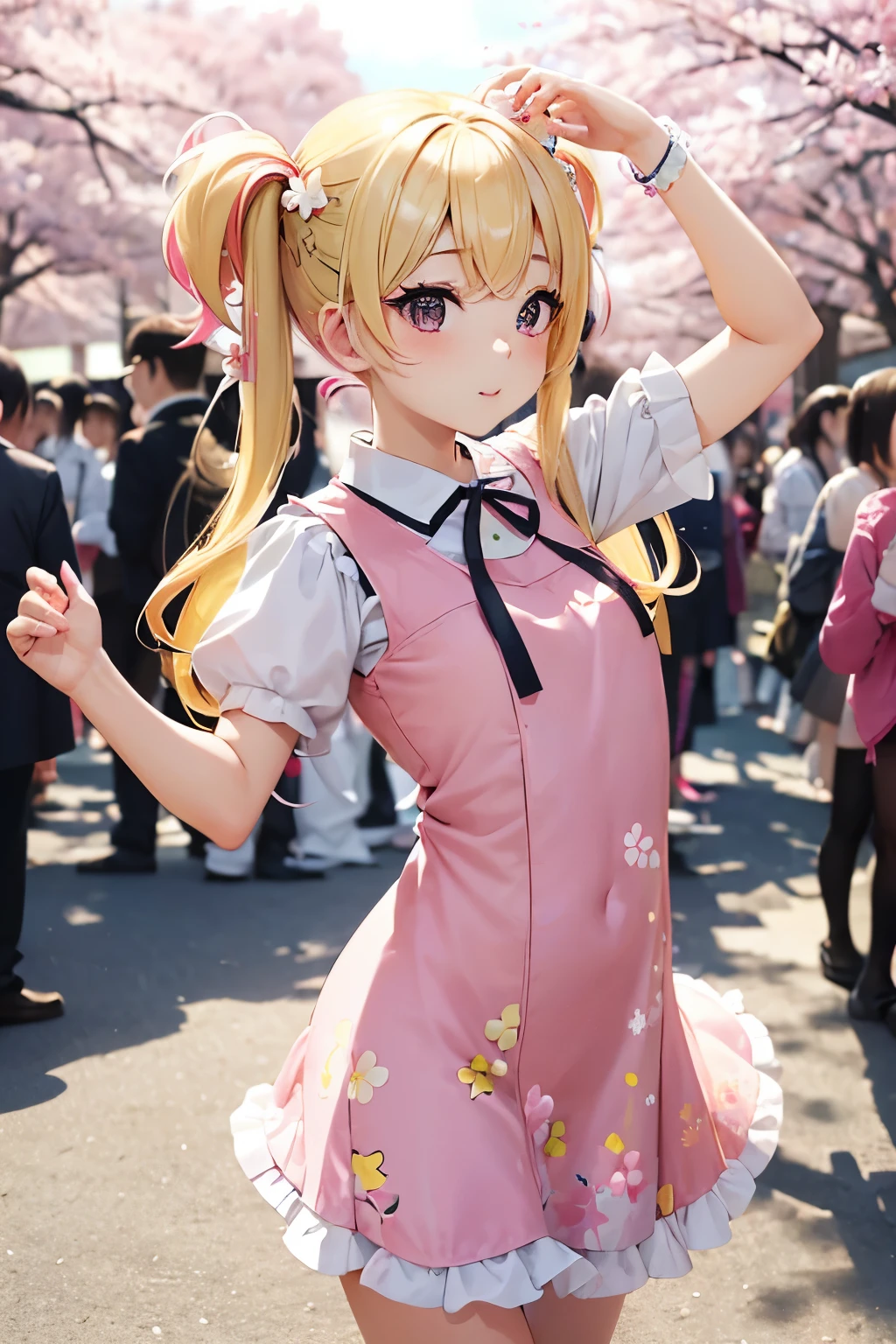 ,((( petitegirl with blonde twin tail, colorful dress))),cherry blossoms、Cherry blossom viewing,(((dance)))、Drinking and dancing
