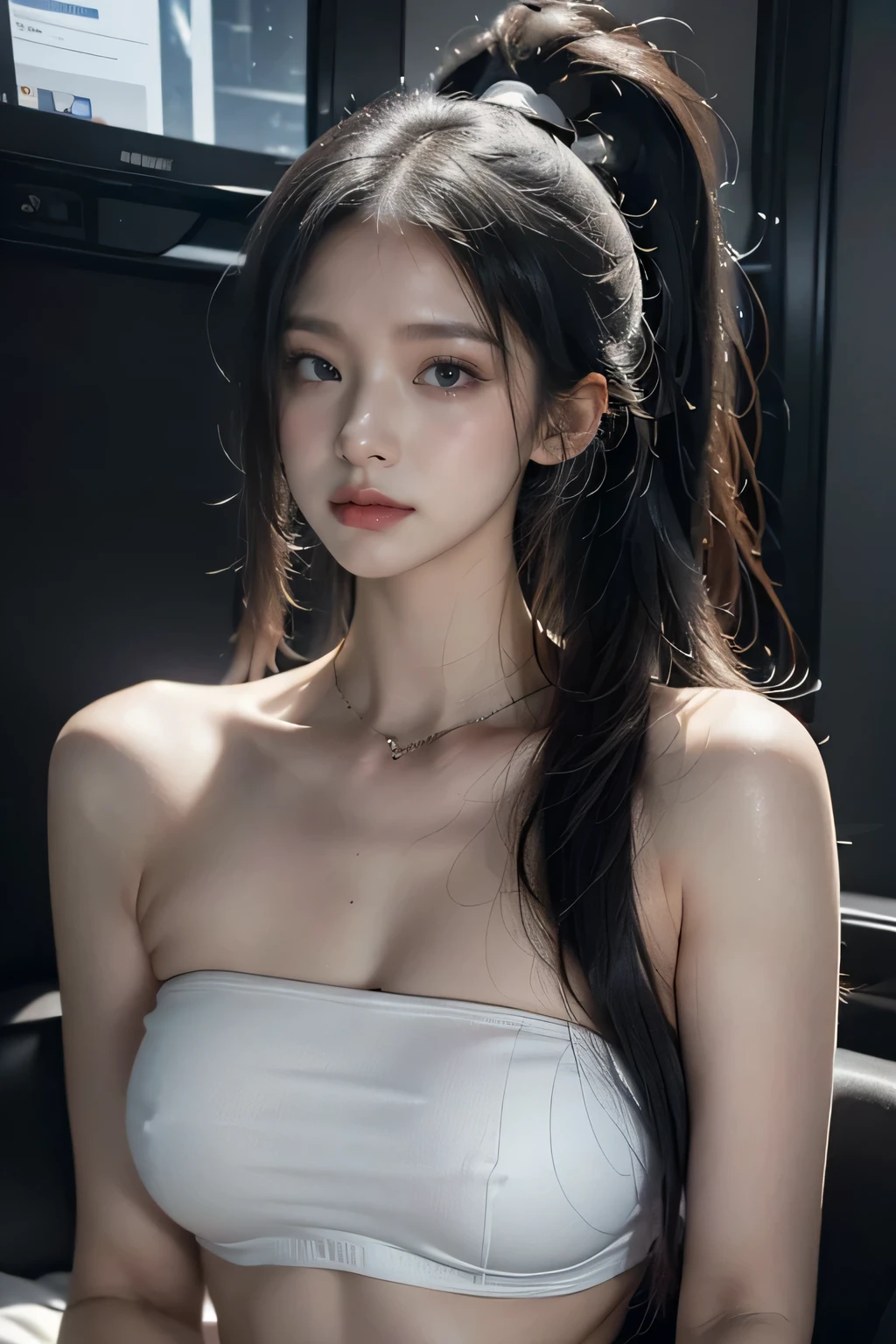 tmasterpiece,Best quality,A high resolution,8K,(Portrait),Head close-up,Original photo,digital photography,(Female scientists in sci-fi style),20 year old girl,ponytail long hairstyle,By bangs,(Purple Eyes),(white hair),A plump chest, abdominal muscles, proportional body, Elegant and noble,Serious and indifferent, small breast, cleavage, (futuristic strapless shirt),rich details​, Keep your mouth shut,exposing your navel,Intricate ornaments,Cyberpunk futuristic style,(Female scholars),dynamic poses,dark street background,oc render reflection texture, realistic, masterpiece, highest quality, lens flare, shade, [[chromatic aberration]], by Jeremy Lipking, by Antonio J. Manzanedo, digital painting, HDR, high contrast