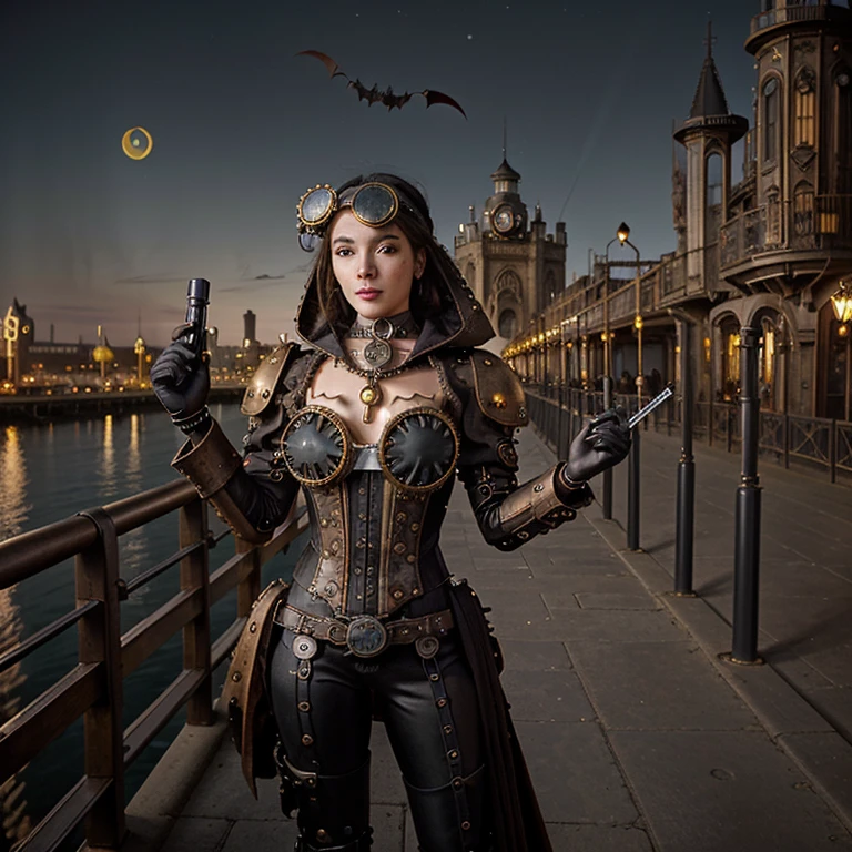 a photograph of bea \(pokemon\) as a 18 year old symmetrical swedish female composition of humans and bats, pero no orejas humanas y casco abierto de cyborg, (holding Science fiction laser rifle), intricate and Gothic skin tight cuerpo completo suit with hooded cloak and red and black leggings, Hyper realistic, (((steampunk, Gothic, Science fiction, Retro-futuro))), (cuerpo completo:1.4), (one white wing and one black wing symmetrical steampunk cyborg bat membrane:1.5), por Evan Ayres y Tyler Edlin Art, arte desviado, high quality photography, Canon EOS R3, Extremadamente detallado, tonos de otro mundo, Disfraces intrincados, criaturas steampunk, accesorios steampunk, detalles lujosos, arquitectura embellecida, luz de la luna, cinematographic composition, (noche:1.5), (noche time:1.5), horizonte en el fondo, pale skin, ojos verdes, cabello rubio y reflejos verdes, afuera, de pie, pose seductora, (calavera como luna:1.5), (playa steampunk:1.4),, a photograph of bea \(pokemon\) as an 18 year old female composition of human and rabbit, pero no orejas humanas y casco abierto cyborg, (holding Science fiction laser rifle), intricate and Gothic skin tight cuerpo completo suit with hooded cloak and red and black leggings, Hyper realistic, (((steampunk, Gothic, Science fiction, Retro-futuro))), (cuerpo completo:1.4), por Evan Ayres y Tyler Edlin Art, arte desviado, high quality photography, Canon EOS R3, Extremadamente detallado, tonos de otro mundo, Disfraces intrincados, criaturas steampunk, accesorios steampunk, detalles lujosos, arquitectura embellecida, luz de la luna, cinematographic composition, (noche), (noche time:1.4), horizonte en el fondo, pale skin, ojos verdes, cabello rubio y reflejos verdes, afuera, calavera como luna:1.5, (muelle de la ciudad steampunk:1.4),
