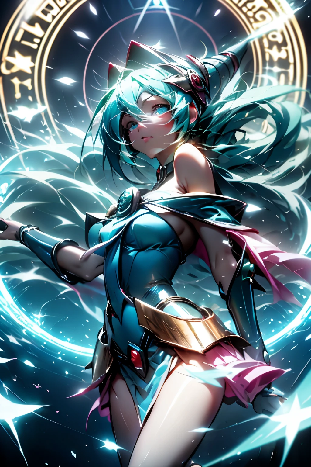 Hatsune Miku disfrazada de dark magician gils. Cabello celeste extra largo. Ojos verdes. Magic Circle Fund.