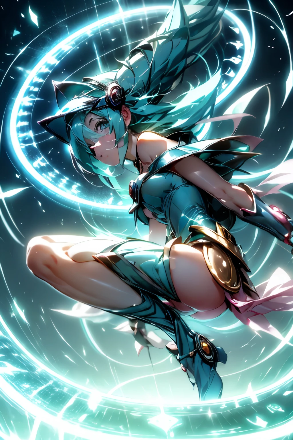 Hatsune Miku disfrazada de dark magician gils. Cabello celeste extra largo. Ojos verdes. Magic Circle Fund.