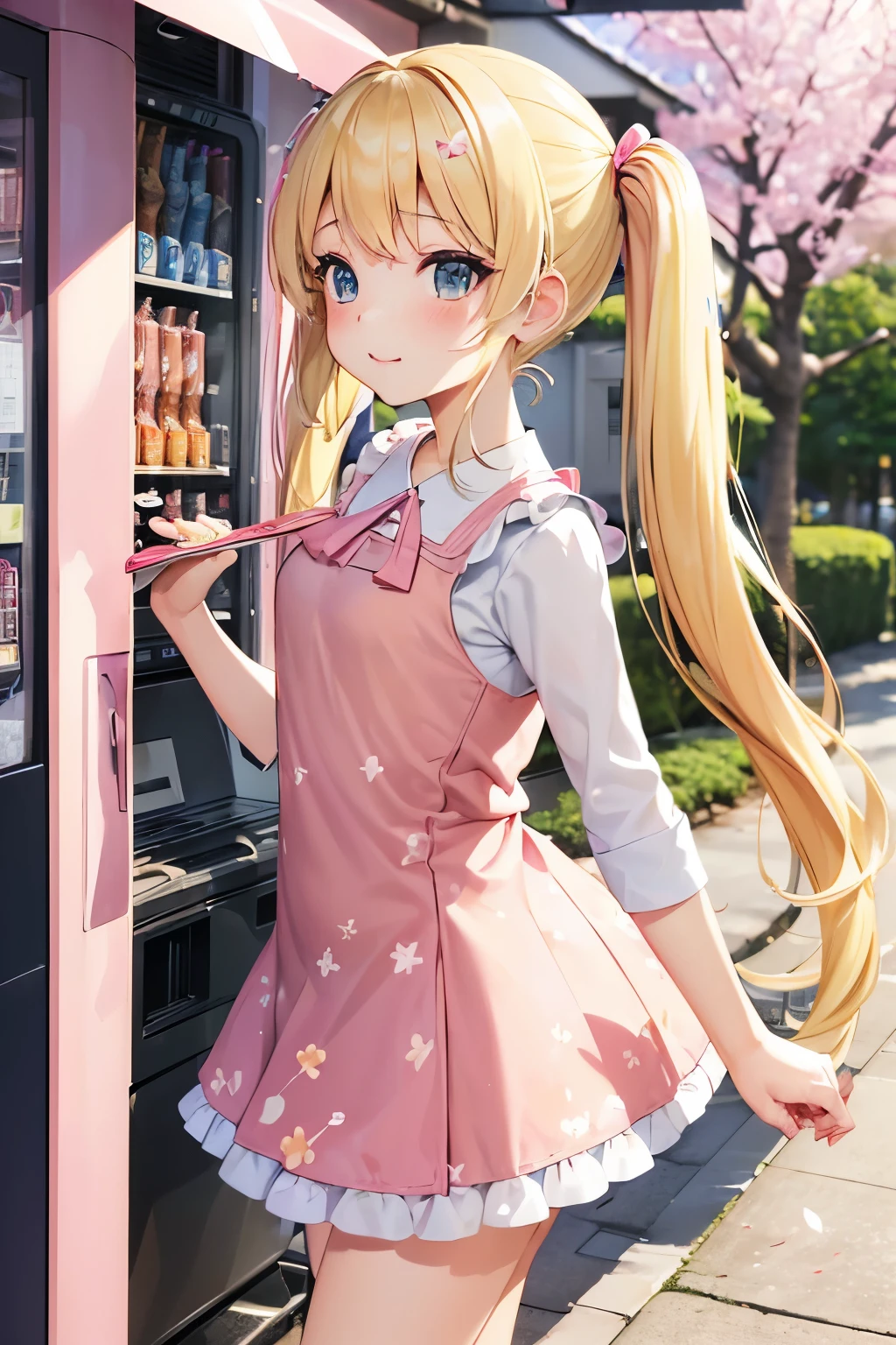 ,((( petitegirl with blonde twin tail, colorful dress))),cherry blossoms、Cherry blossom viewing,(((dance)))、Drinking and dancing、vending machine