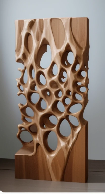 Um close de uma escultura de uma estrutura de madeira com furos, beautiful bone structure, voronoi, organic form&price;, madeira esculpida, Arte em madeira, Escultura em madeira, organic ceramic fractal shapes, intricate madeira esculpida, wooden decoration, Escultura em madeira, lush organic elegant shapes, intricate Escultura em madeira, Voronoi-Muster, Escultura em madeira, Design Generativo