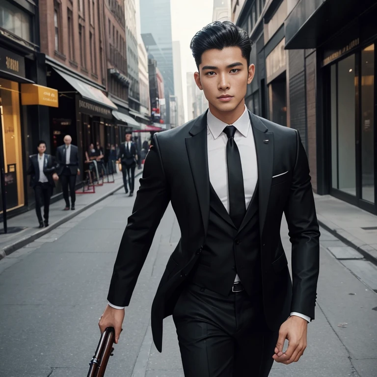 Araaf, 25 years old, bald, wearing a suit. shiny expensive leather Bright, modern colors Wearing a red tie walking down the street Action in various poses;) Outdoors in the city, the sunlight shone brightly, a clear face looking intently straight. Holding a realistic shotgun, man in black, wearing a black suitและสีแดง, Wear a business suitที่เข้มงวด, wearing a black suit, Wear a business suit, wearing a black suit, Wear a business suit, Wear a business suitสีดำ, in strict clothing, Professional photos with good lighting, Handsome Chad Chin, A great and beautiful portrait. Shot with a high quality Fuji 45 camera.,000,000 realistic pixels Beautiful exaggerated colors