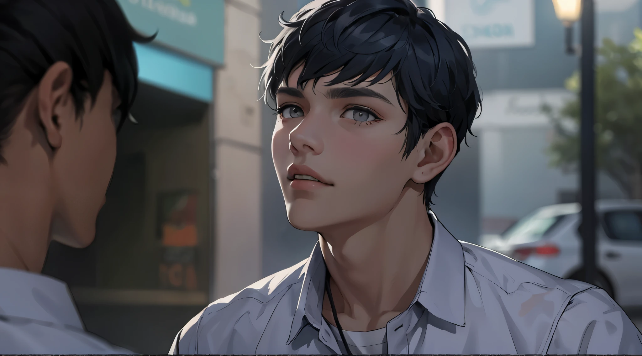 gray hair gray eyes has a blue jacket