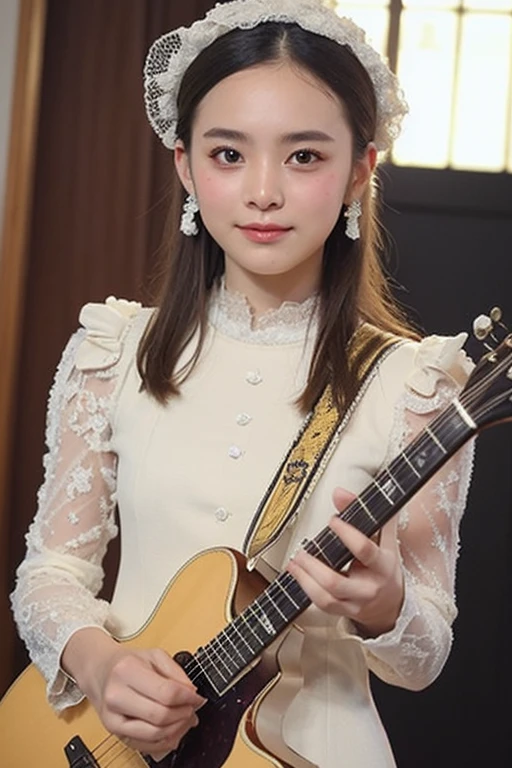 (extra detailed body、extra detailed face、best qualtiy:1.2)、femele、looking at the viewers、(a blond、Bandsman、Fancy accessories、Carrying the guitar)、(Asagaya)