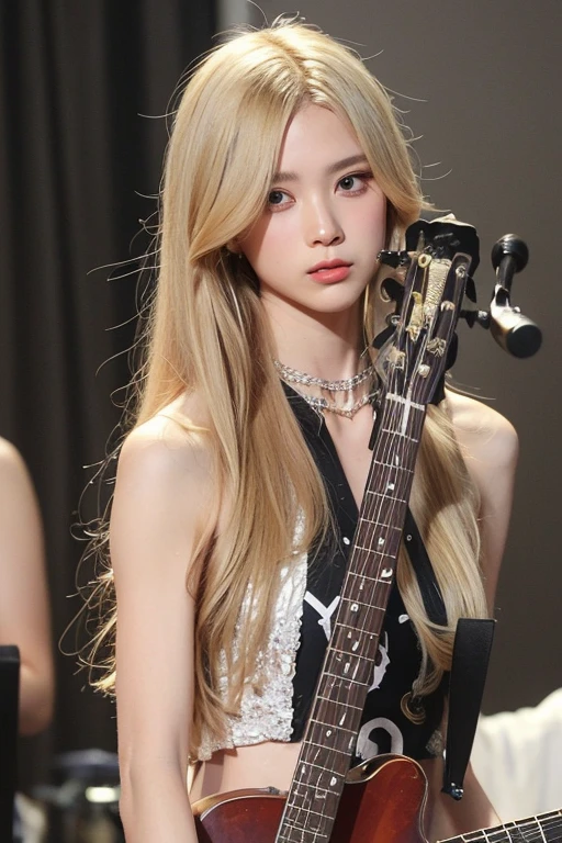 (extra detailed body、extra detailed face、best qualtiy:1.2)、femele、looking at the viewers、(a blond、Bandsman、Fancy accessories、Carrying the guitar)、(Asagaya)